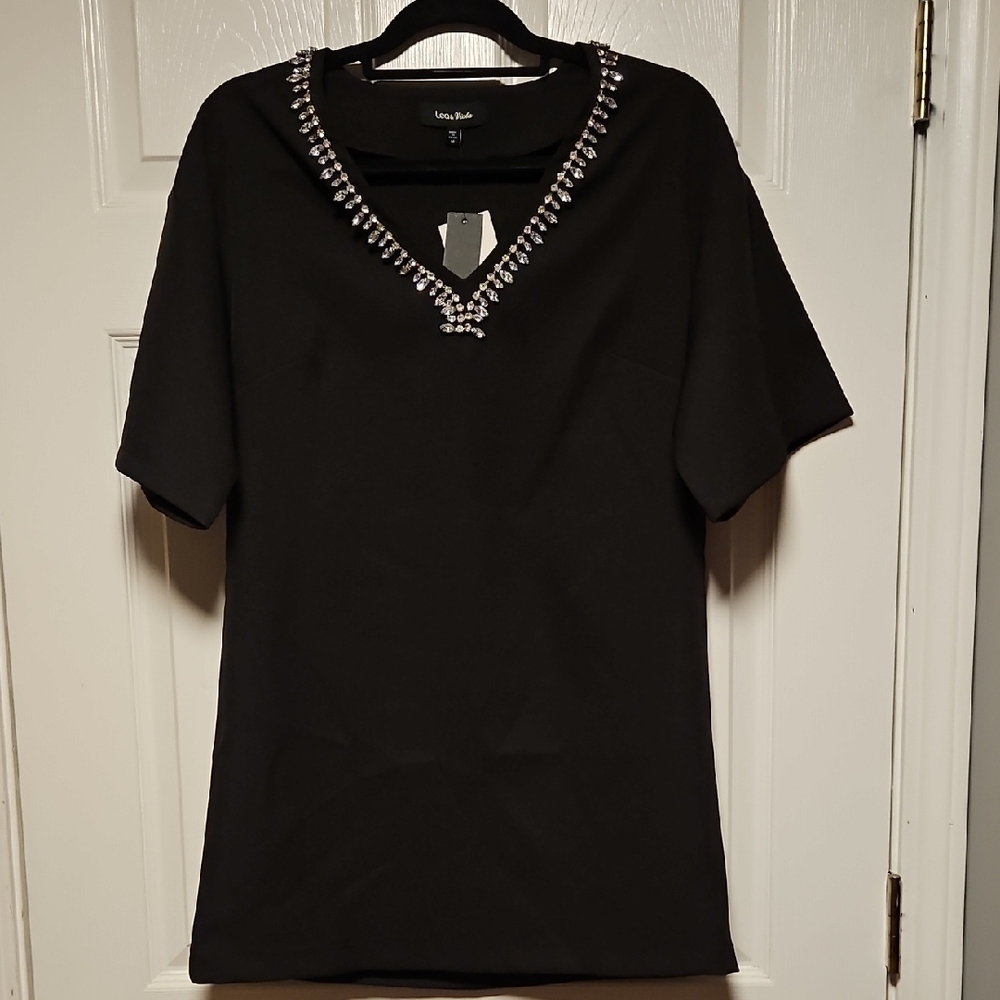 Lea & Viola  Crystal Embellished V-Neck Top